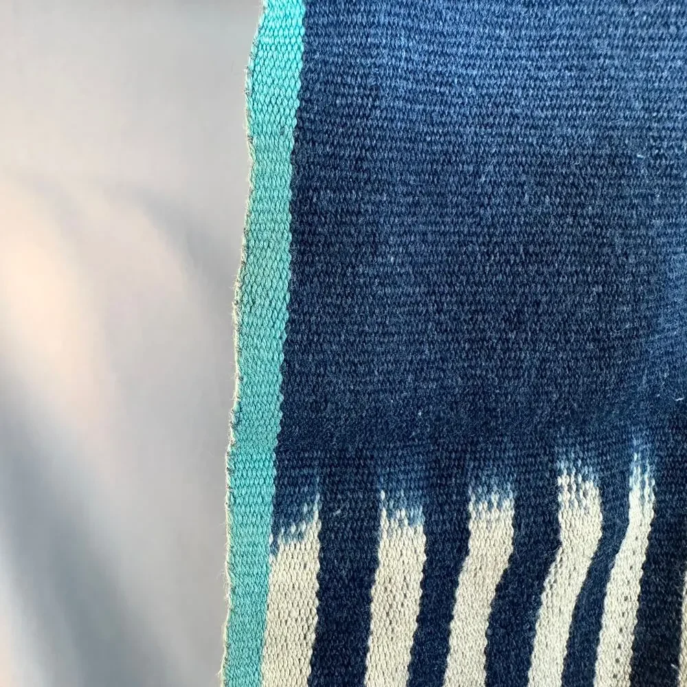 Indigo Blue Woven Textile Throw Wall Hanging Boho Geometric Fringe Artisan